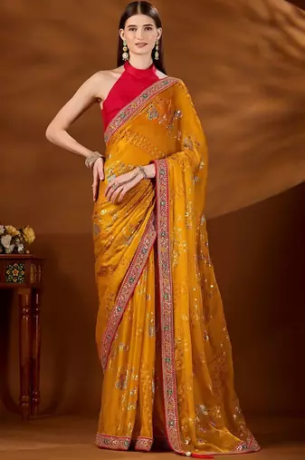 Yellow bandhani beads and stones organza saree