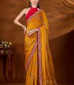Yellow bandhani beads and stones organza saree