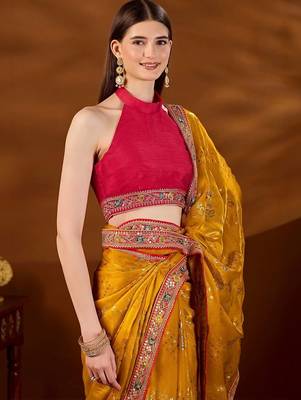 Yellow bandhani beads and stones organza saree 2