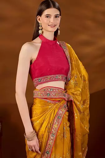 Yellow bandhani beads and stones organza saree