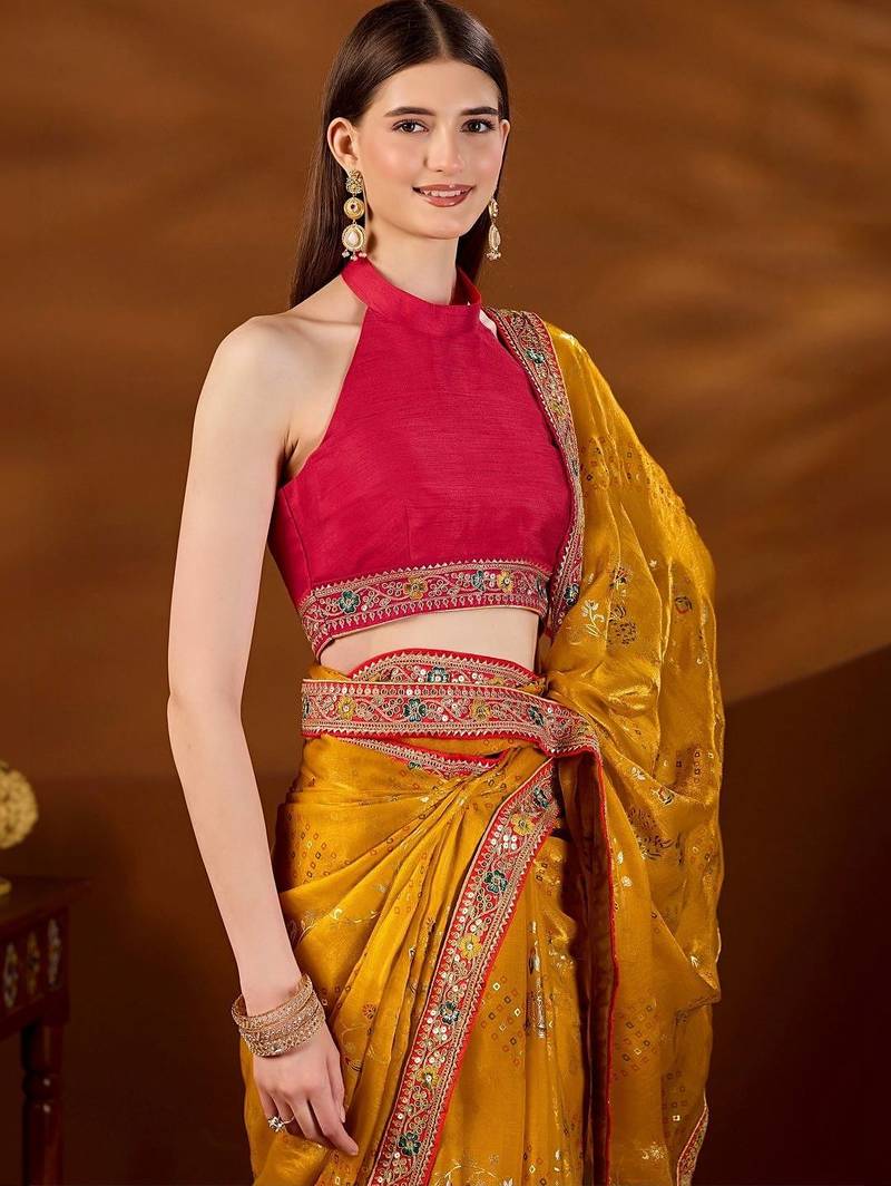 Yellow bandhani beads and stones organza saree