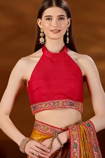Yellow bandhani beads and stones organza saree