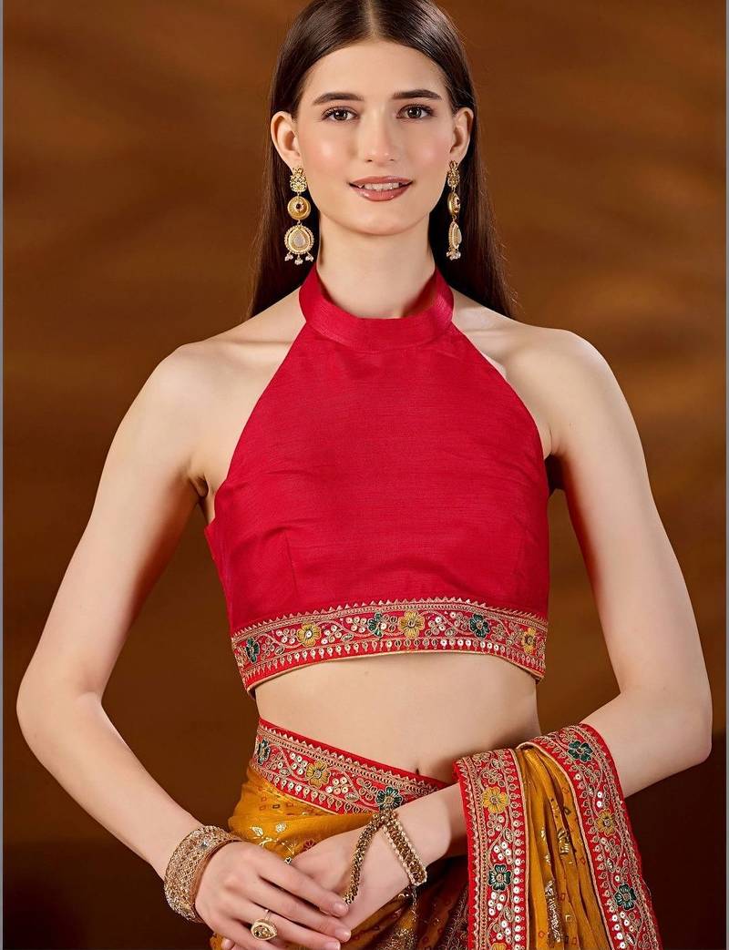 Yellow bandhani beads and stones organza saree