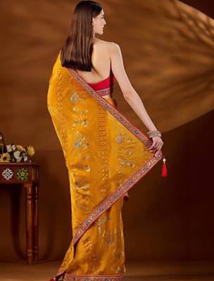 Yellow bandhani beads and stones organza saree 5