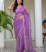 Purple floral beads and stones tissue saree