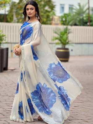 Off white floral beads and stones organza saree 1