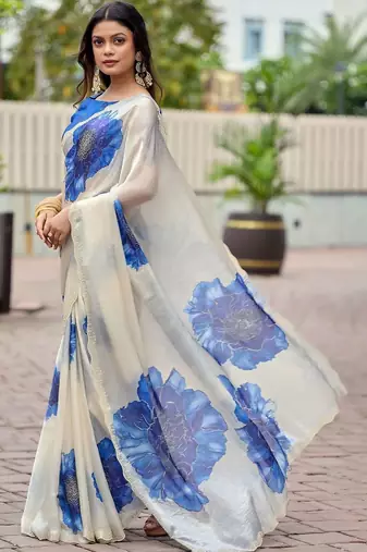Off white floral beads and stones organza saree