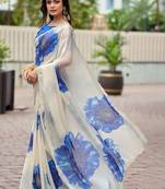 Off white floral beads and stones organza saree