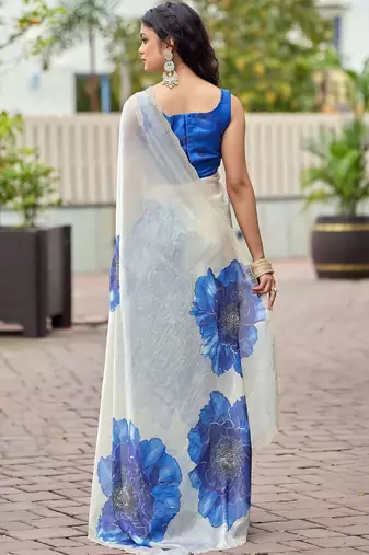 Off white floral beads and stones organza saree