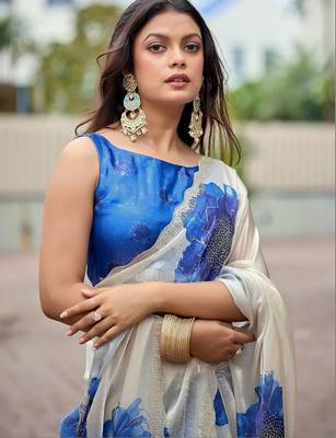 Off white floral beads and stones organza saree 3