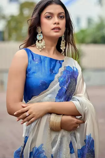 Off white floral beads and stones organza saree