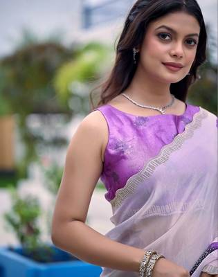 Lavender floral beads and stones organza saree 1