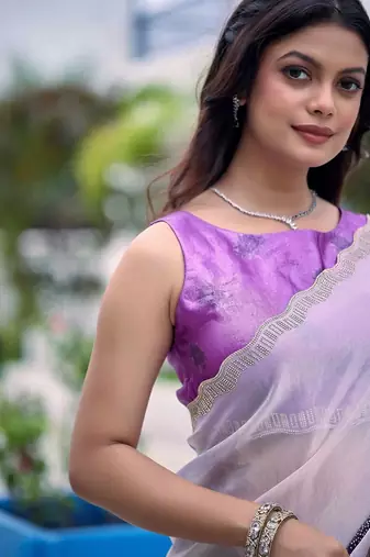Lavender floral beads and stones organza saree