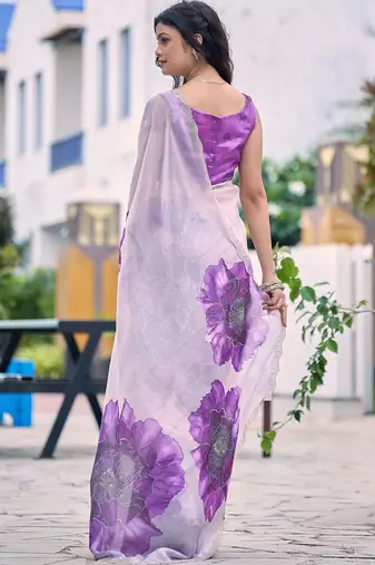 Lavender floral beads and stones organza saree