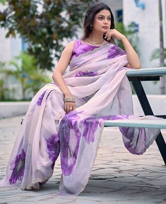 Lavender floral beads and stones organza saree 3