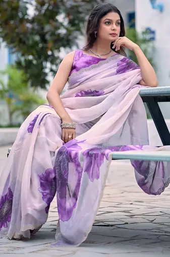 Lavender floral beads and stones organza saree