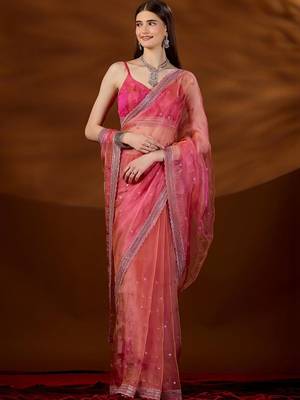 Pink floral sequinned tissue saree 1