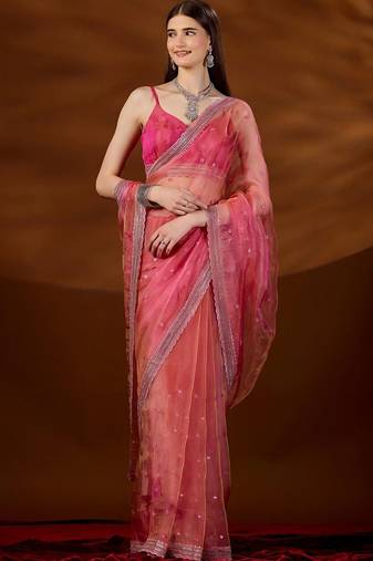 Pink floral sequinned tissue saree