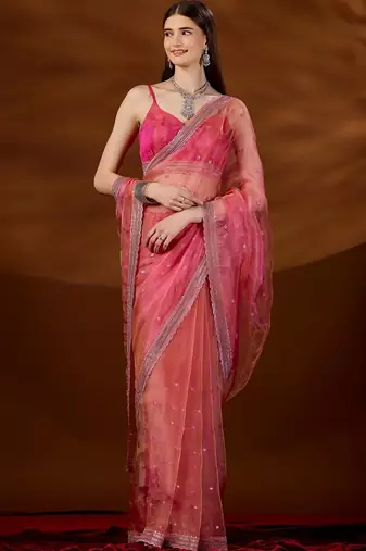 Pink floral sequinned tissue saree