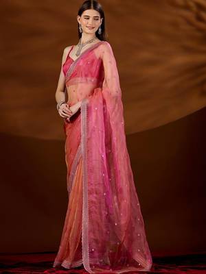 Pink floral sequinned tissue saree 2