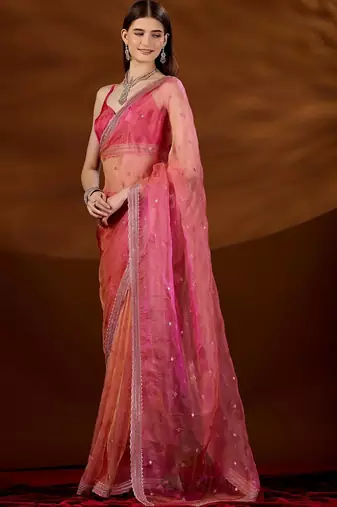 Pink floral sequinned tissue saree