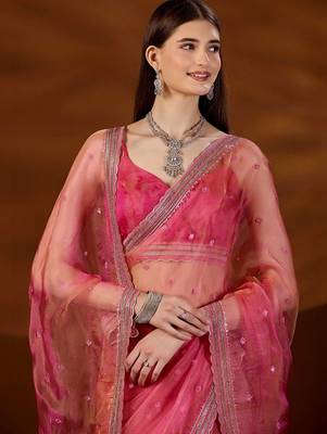 Pink floral sequinned tissue saree 3