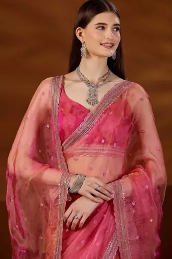 Pink floral sequinned tissue saree