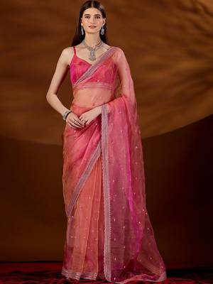 Pink floral sequinned tissue saree 4