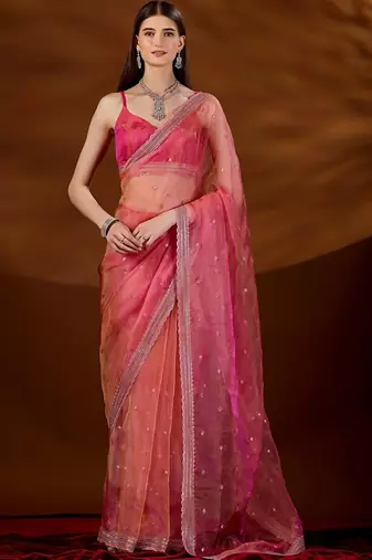 Pink floral sequinned tissue saree