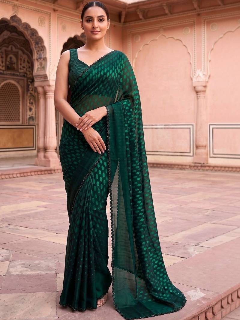 Green polka dot beads and stones organza designer saree