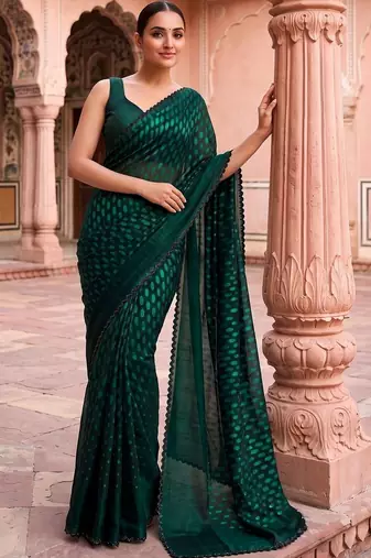Green polka dot beads and stones organza designer saree