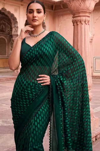 Green polka dot beads and stones organza designer saree