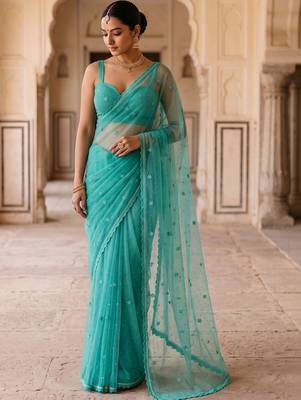 Blue women flora blue embroidered poly chiffon saree 1