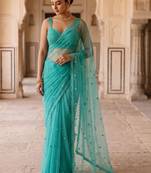 Blue women flora blue embroidered poly chiffon saree
