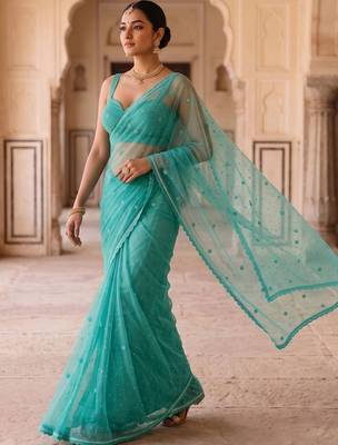 Blue women flora blue embroidered poly chiffon saree 2