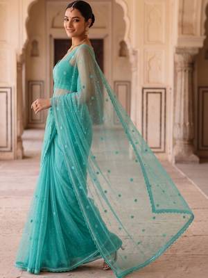 Blue women flora blue embroidered poly chiffon saree 4