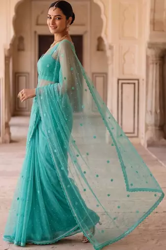 Blue women flora blue embroidered poly chiffon saree