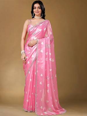 Pink sequinned organza heavy work saree 1