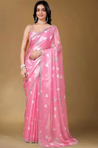 Pink sequinned organza heavy work saree