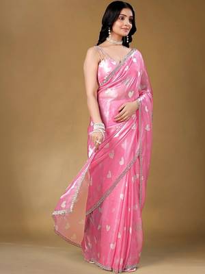 Pink sequinned organza heavy work saree 3