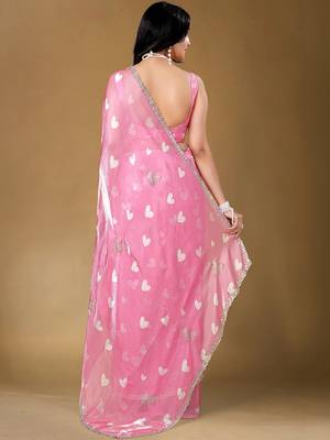Pink sequinned organza heavy work saree 4