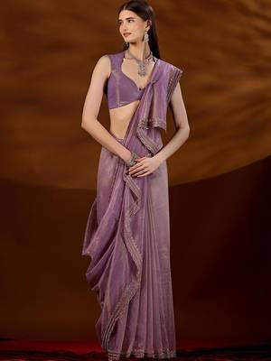 Purple women embroidered tissue saree with blouse piece 1