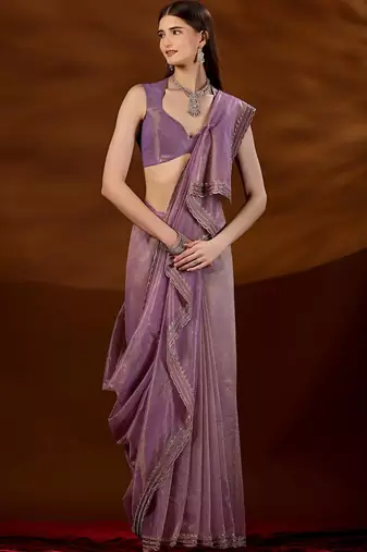 Purple women embroidered tissue saree with blouse piece