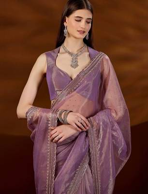Purple women embroidered tissue saree with blouse piece 2