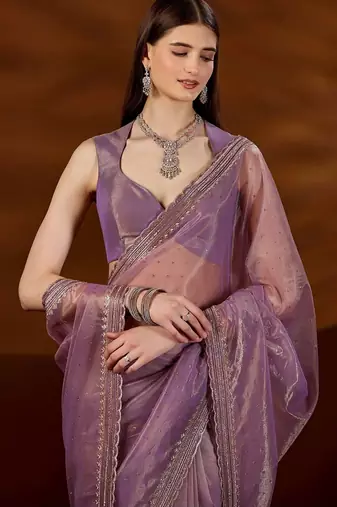 Purple women embroidered tissue saree with blouse piece
