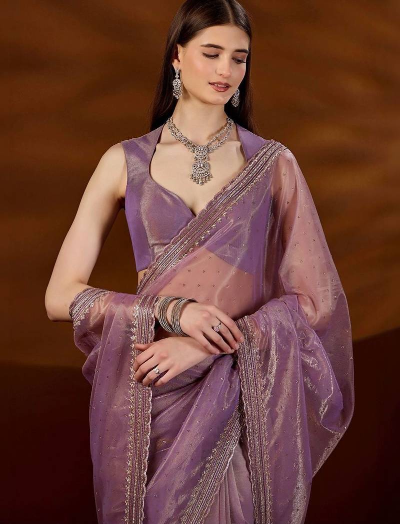 Purple women embroidered tissue saree with blouse piece