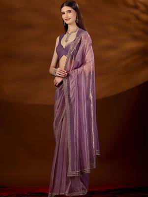 Purple women embroidered tissue saree with blouse piece 3