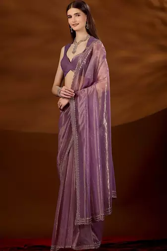 Purple women embroidered tissue saree with blouse piece