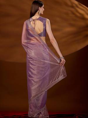 Purple women embroidered tissue saree with blouse piece 4