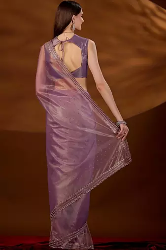 Purple women embroidered tissue saree with blouse piece